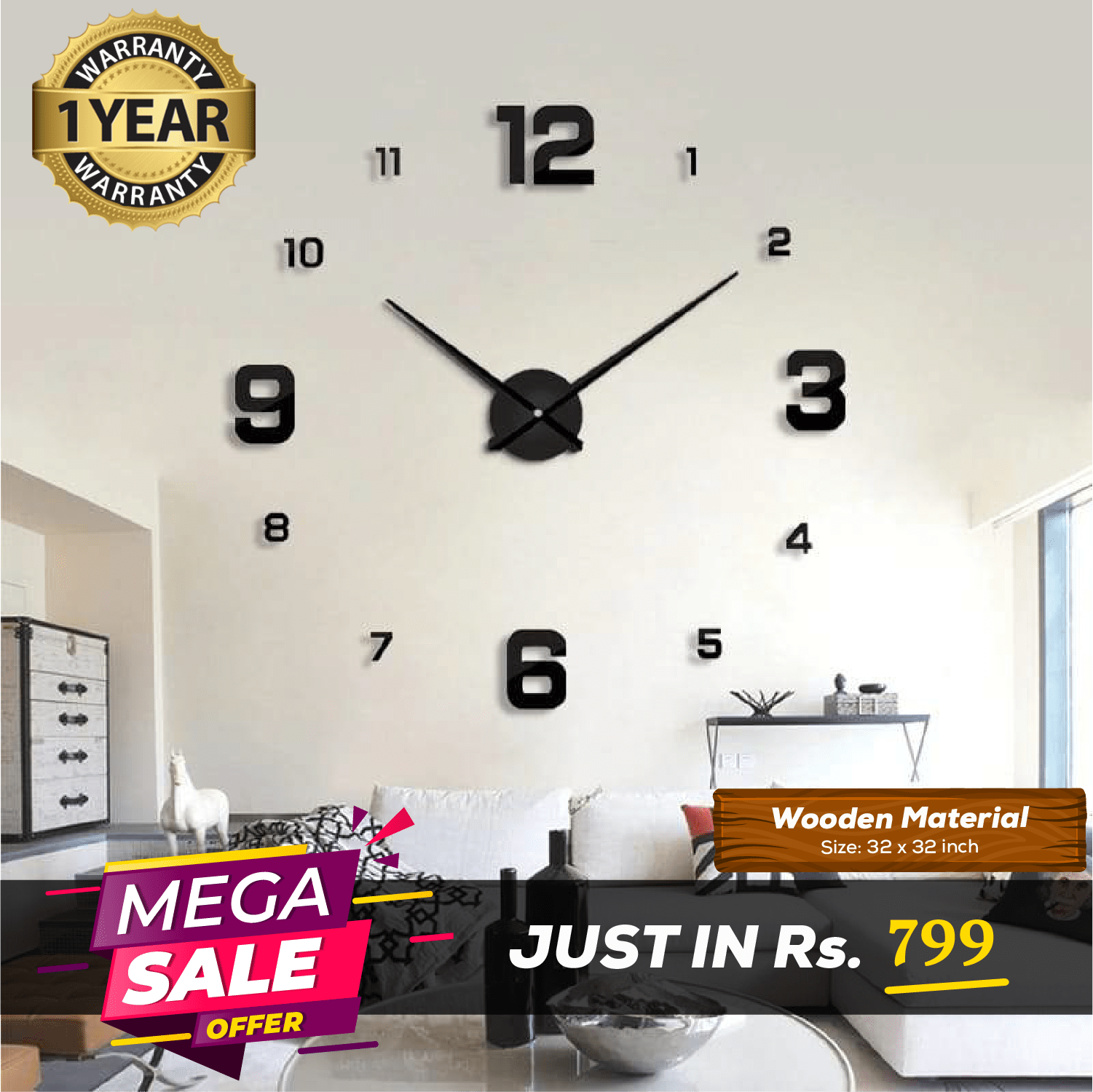 LARGE SIZE WOODEN DIY CLOCK WITH 12 INCHES NEEDLES - imixpress.com