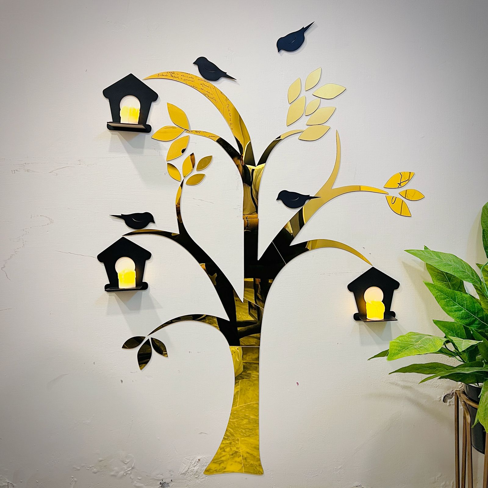 Acrylic Birds on Tree Wall Decor with Wooden Shelves – Large Size - imixpress.com