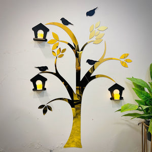 Acrylic Birds on Tree Wall Decor with Wooden Shelves – Large Size - imixpress.com