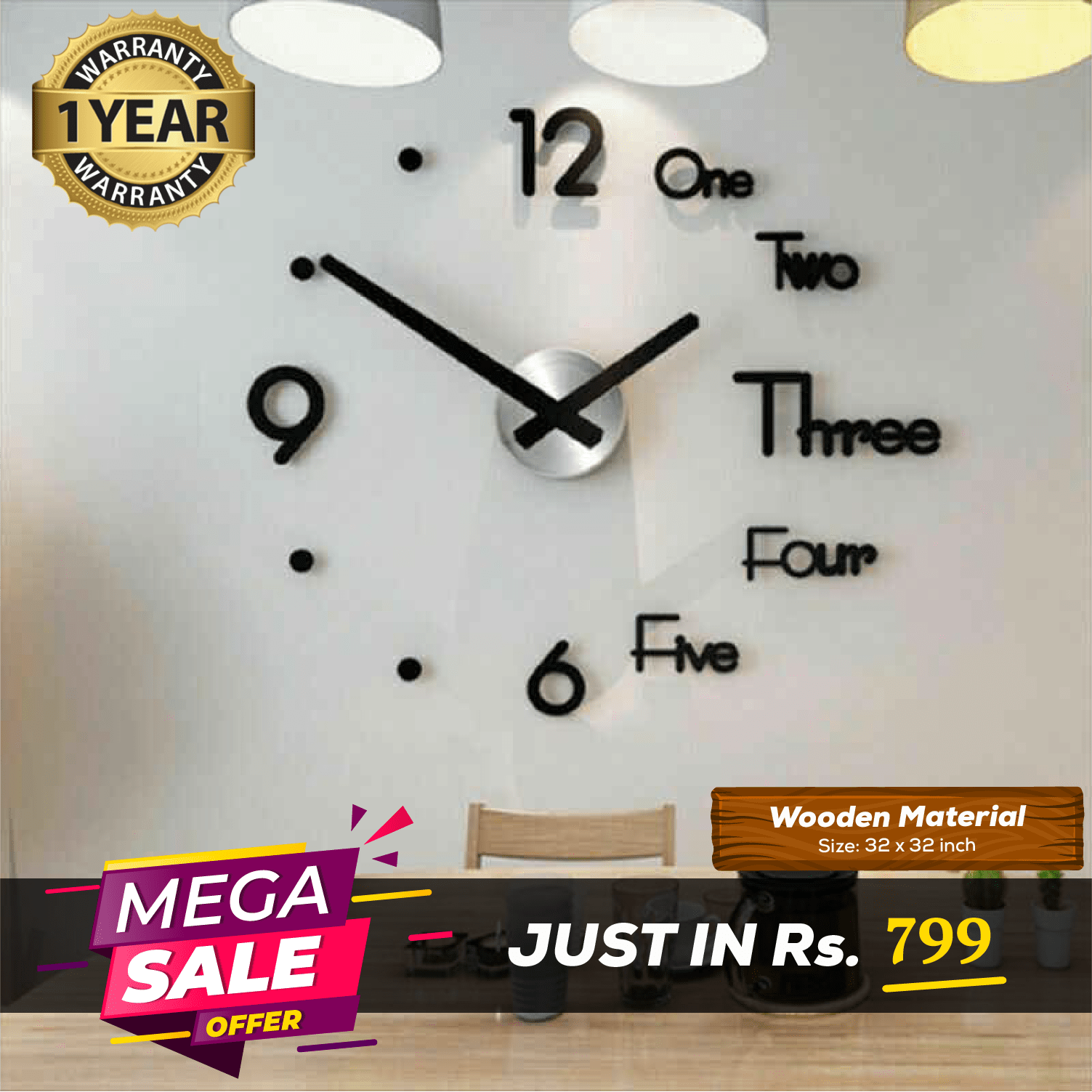 LARGE SIZE WOODEN DIY CLOCK WITH 12 INCHES NEEDLES - imixpress.com