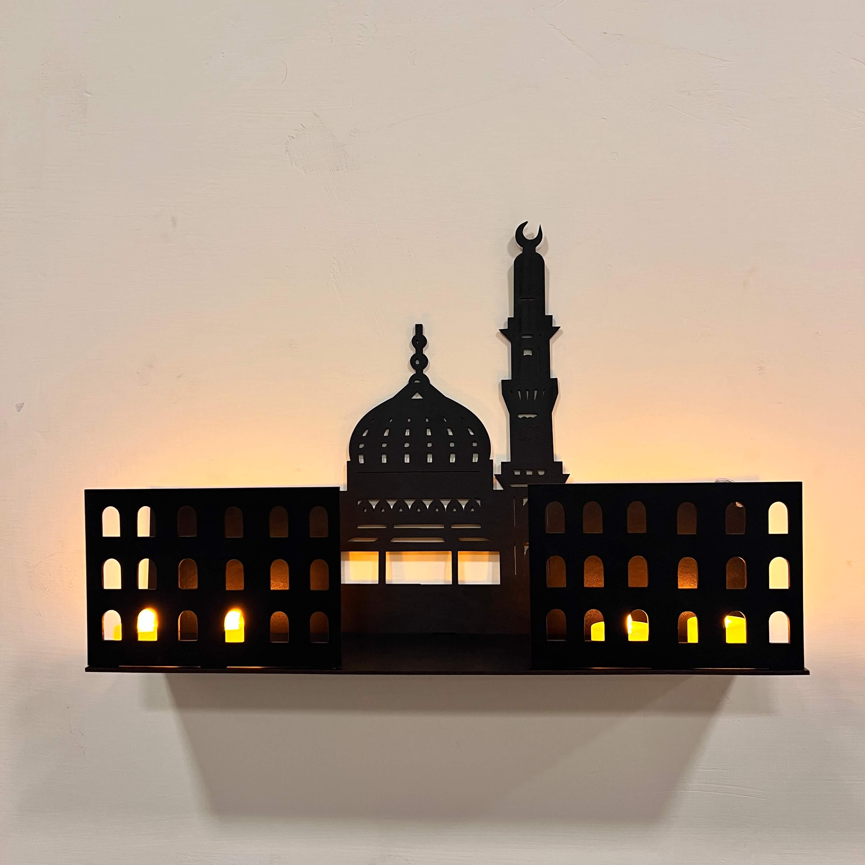 3D Islamic Wooden Shelves – Khana Kaba & Roza Rasool (SAW) Design with 4 LED Candles - imixpress.com
