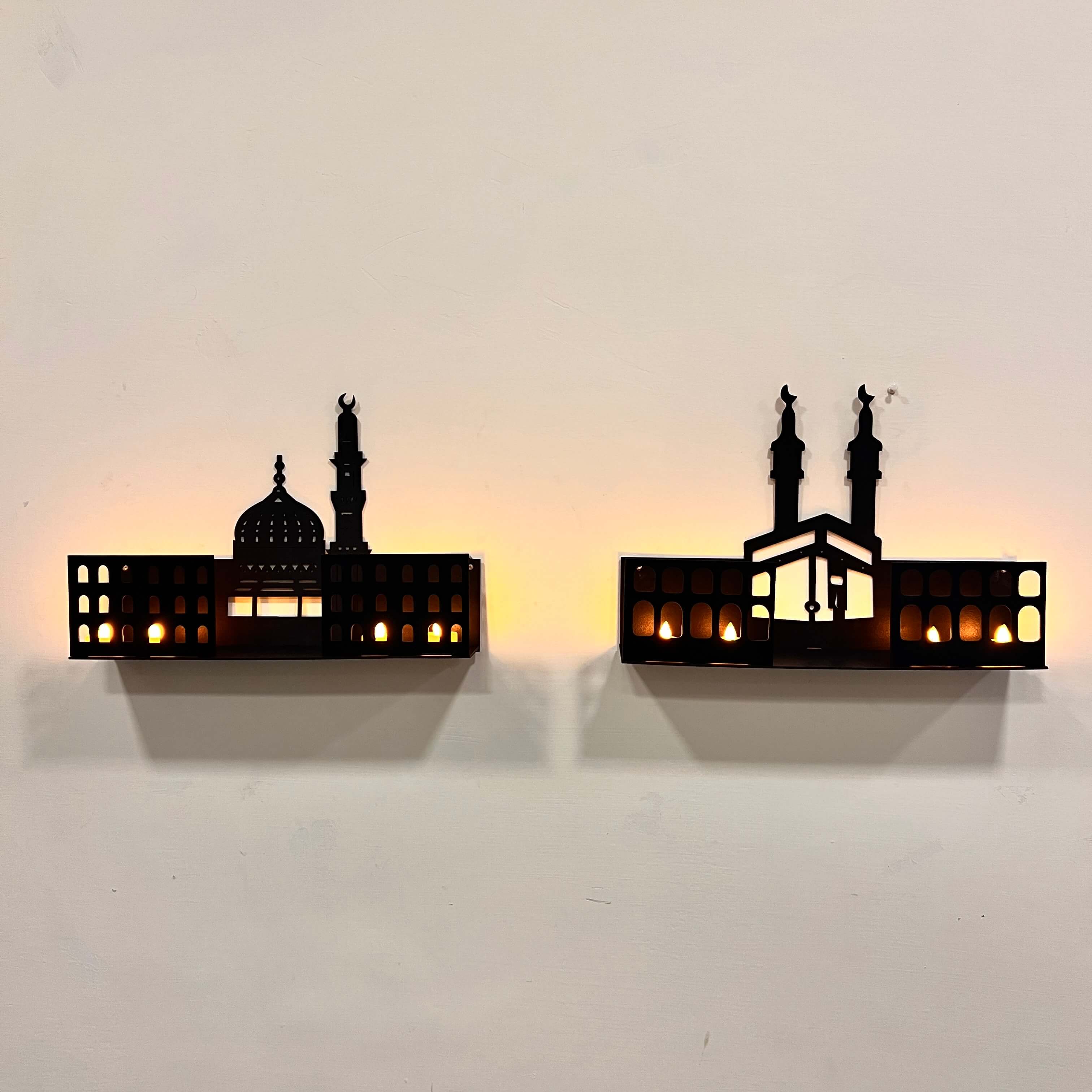 3D Islamic Wooden Shelves – Khana Kaba & Roza Rasool (SAW) Design with 4 LED Candles - imixpress.com