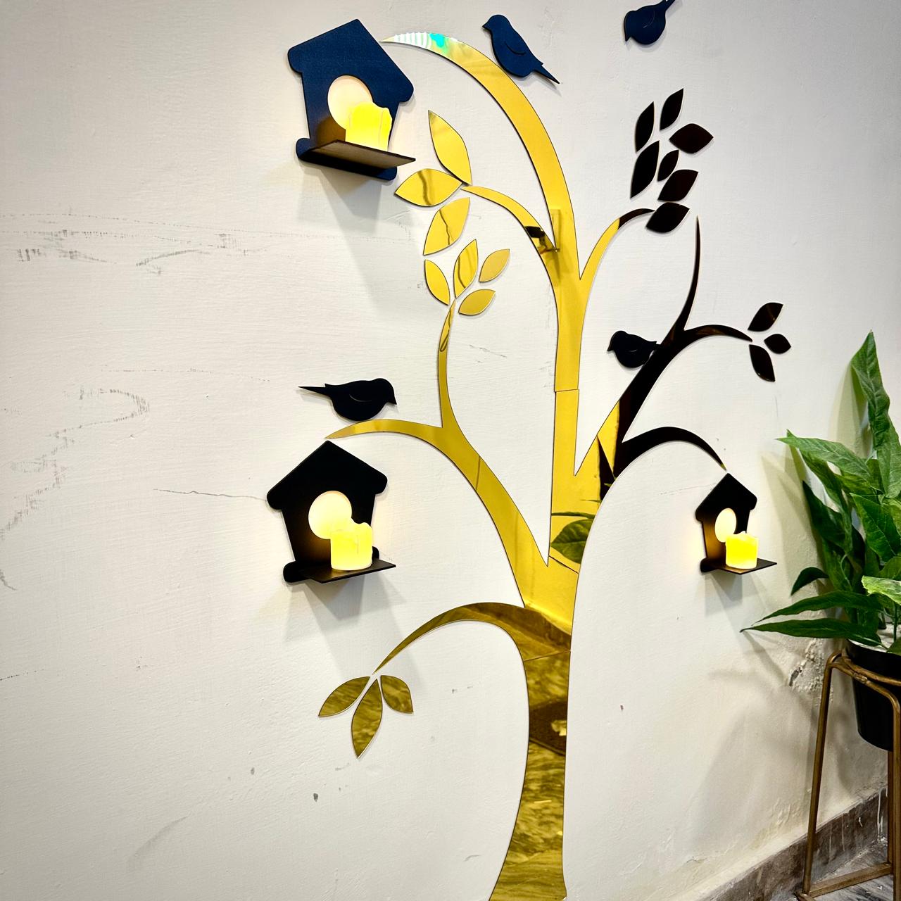 Acrylic Birds on Tree Wall Decor with Wooden Shelves – Large Size - imixpress.com