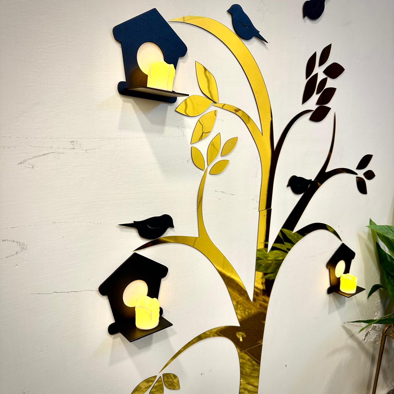 Acrylic Birds on Tree Wall Decor with Wooden Shelves – Large Size - imixpress.com