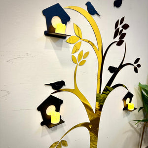 Acrylic Birds on Tree Wall Decor with Wooden Shelves – Large Size - imixpress.com