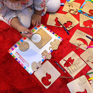 Kids Wooden Drawing Stencils English/Urdu/Mathematics Alphabets Learning Puzzle Toys - imixpress.com