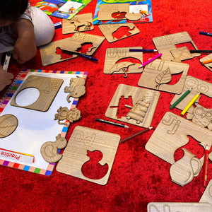 Kids Wooden Drawing Stencils English/Urdu/Mathematics Alphabets Learning Puzzle Toys - imixpress.com