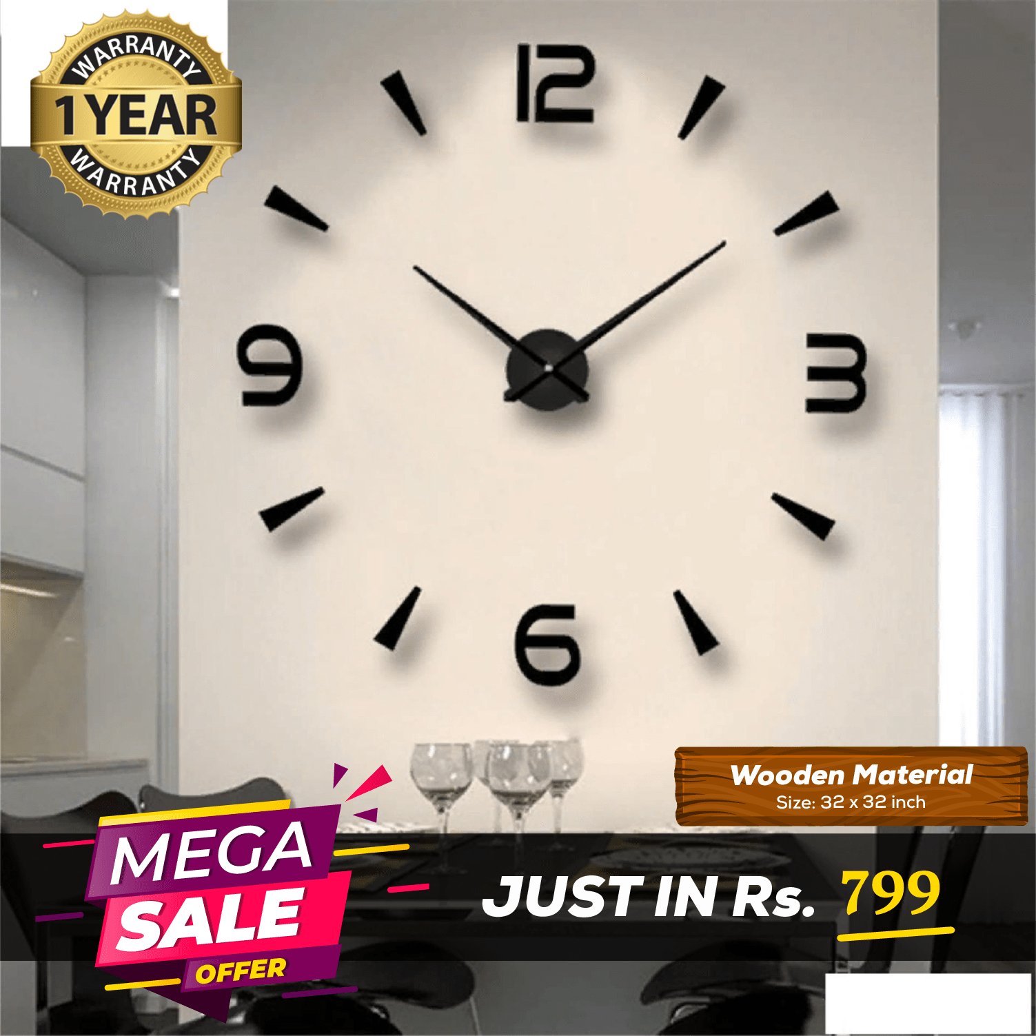 LARGE SIZE WOODEN DIY CLOCK WITH 12 INCHES NEEDLES - imixpress.com
